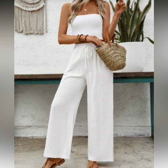 100% cotton preppy boho beach lounge pants classic summer wide leg pants white - Picture 3 of 7